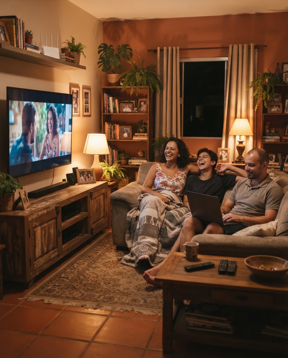 Família usando a internet fibra da GoFibra Telecom